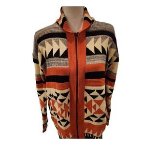 Retro Orange Black Grey Aztec Full Zip Sweater L Cardigan Southwest